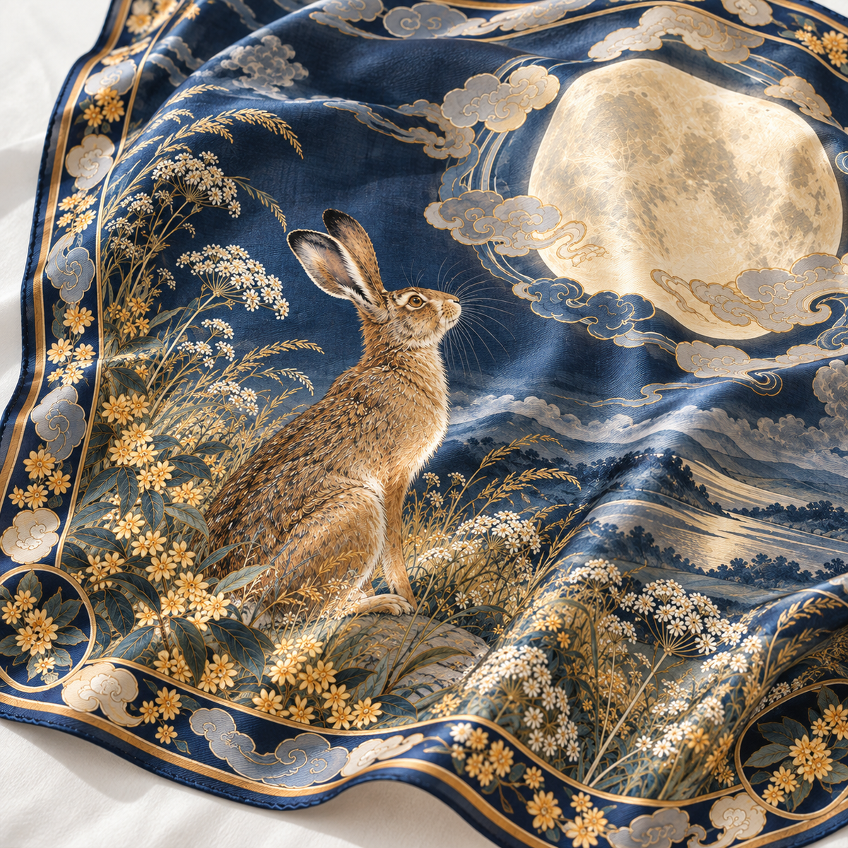 The Moon-Gazing Hare Silk Scarf