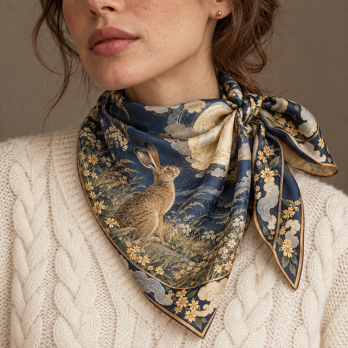 The Moon-Gazing Hare Silk Scarf