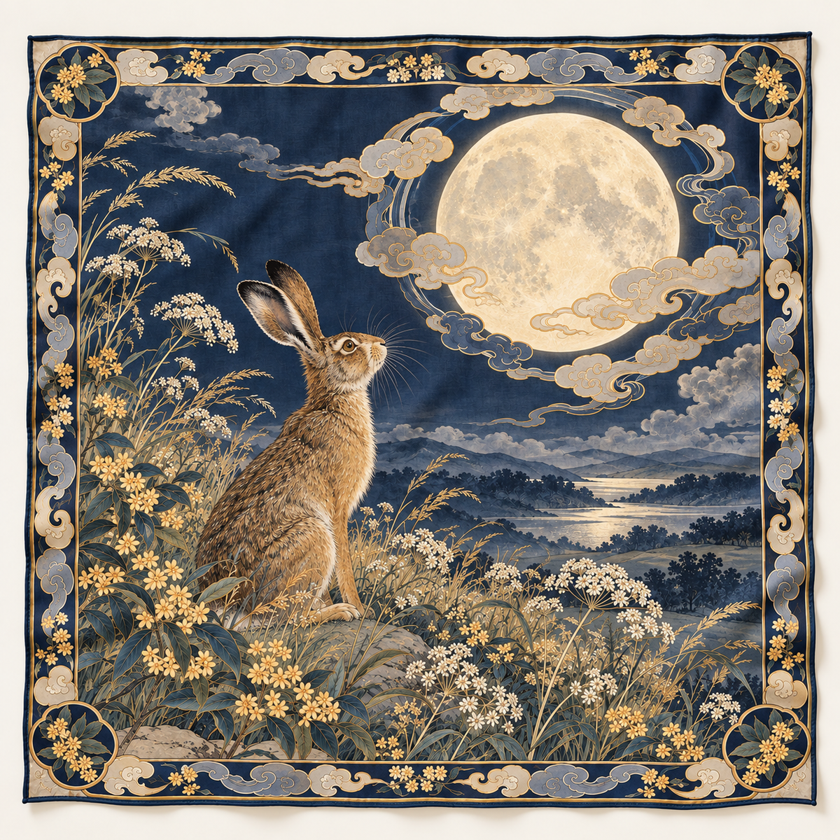 The Moon-Gazing Hare Silk Scarf