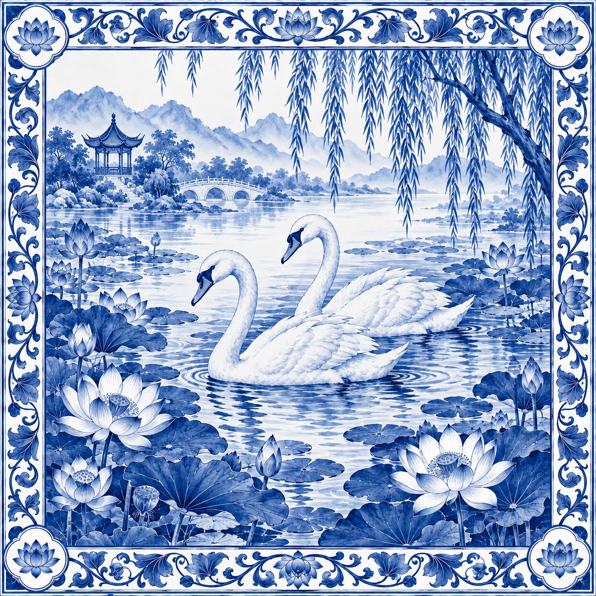 The Willow Swans artwork: two white swans on a blue lotus pond beneath a willow